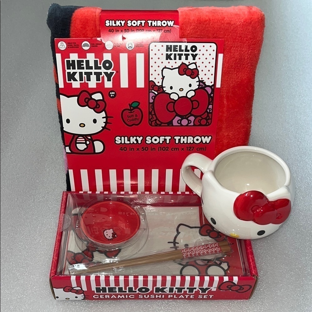 🆕 Hello Kitty Sushi Plate Set Throw Blanket and Mug Bundle Red White